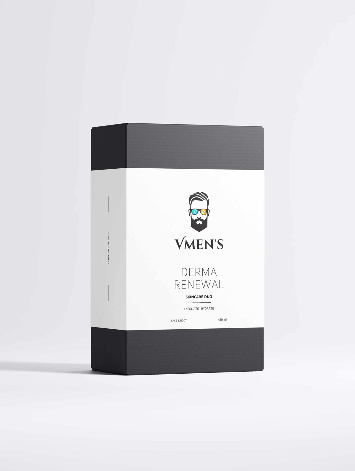 Front view of the VMEN’S Derma Renewal Duo black presentation box with a white sleeve.