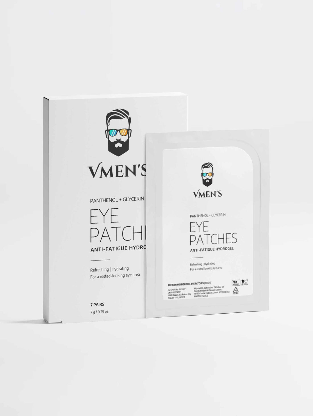 VMEN’S Anti-Fatigue Hydrogel Eye Patches for Men, seven-pair box and individual sachet, front view.