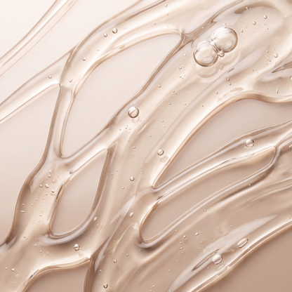 Close-up of the translucent golden gel texture of VMEN’S Moisturising Shampoo, with small bubbles.
