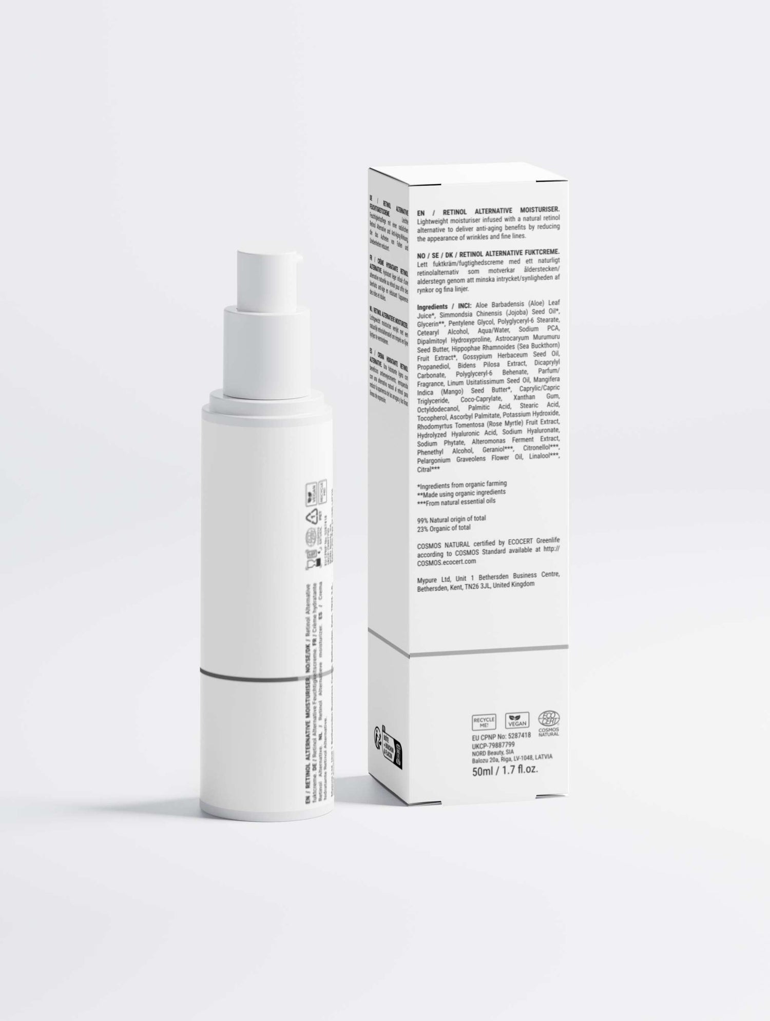 White skincare bottle and box on a light gray background