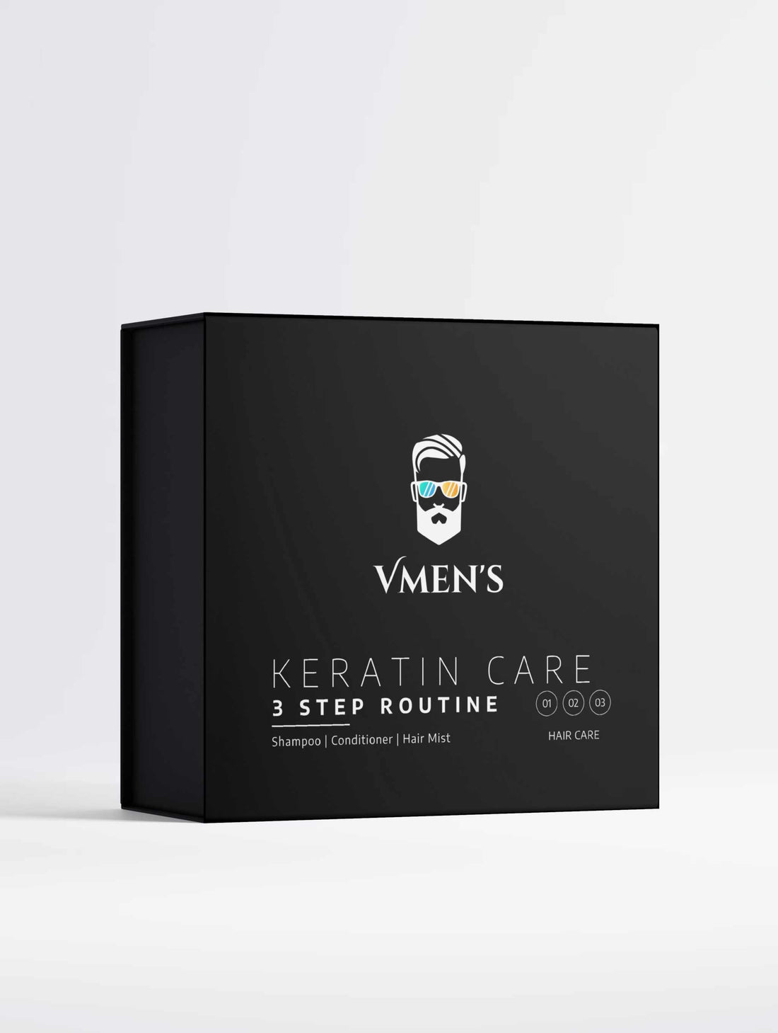 VMEN’S KERATIN CARE 3-Step Hair Care Routine for Men in a black presentation box, front view.