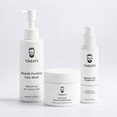 Three white skincare containers from VMEN&