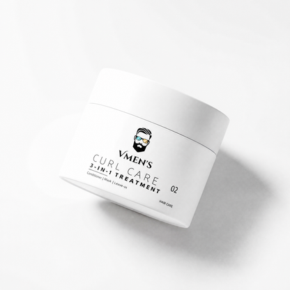 VMEN’S 3-in-1 Curly Hair Treatment for Men jar tilted on a white surface with a soft shadow.