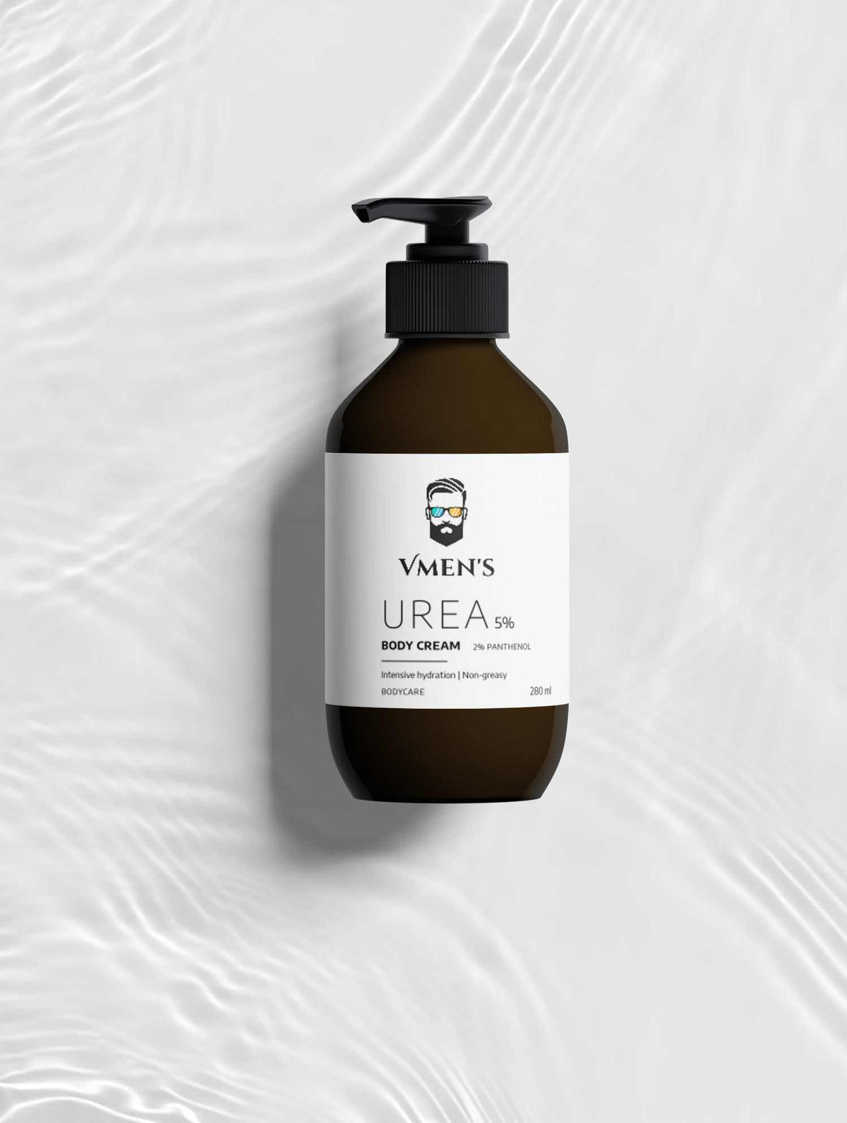 VMEN’S 5% Hydroxyethyl Urea + 2% Panthenol Body Cream on a white surface with rippling water reflections.