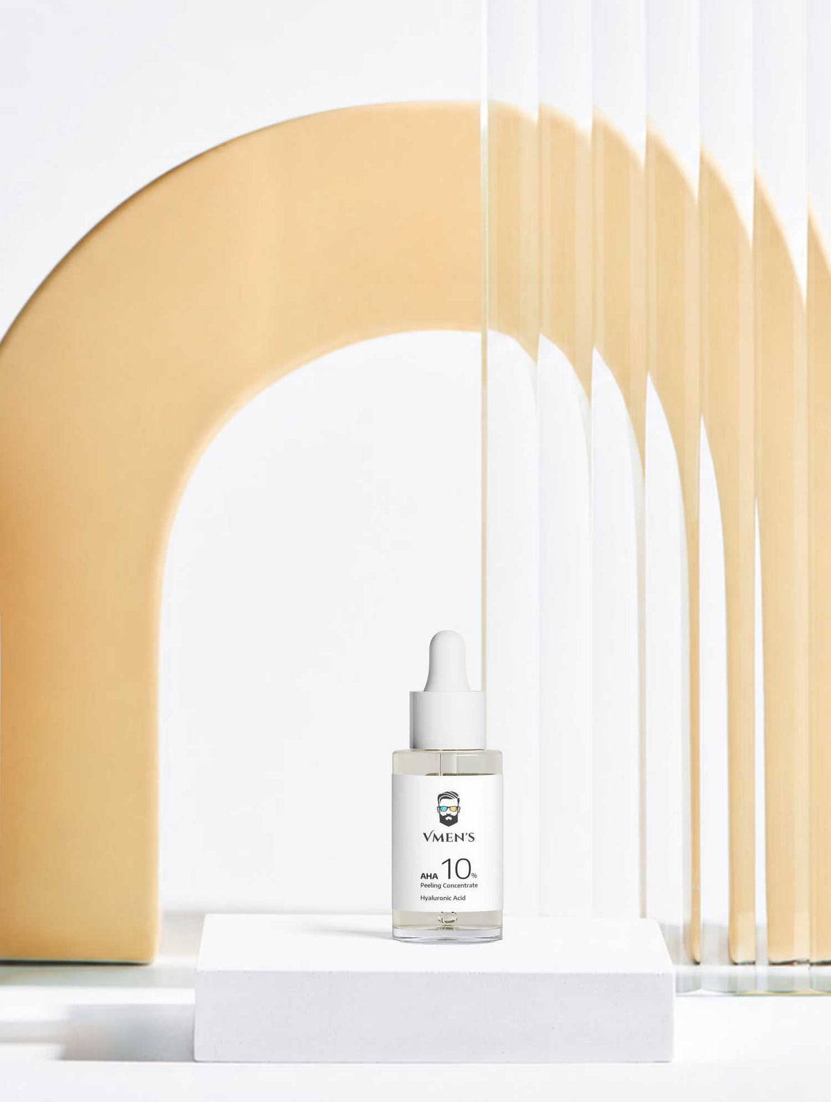 VMEN’S 10% Lactic Acid Peel dropper bottle on a white plinth beneath a golden arch.