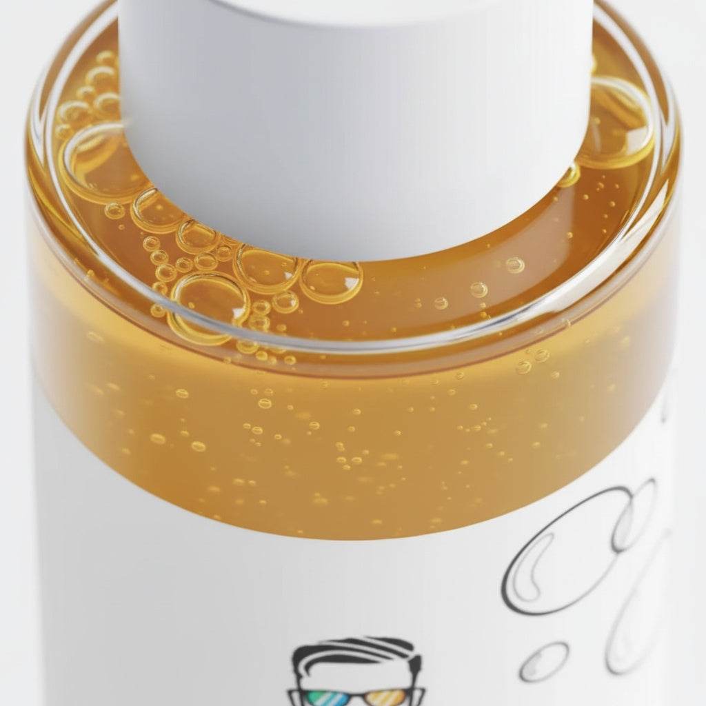 Close-up of men’s biphasic makeup remover showing dual-phase oil and water texture