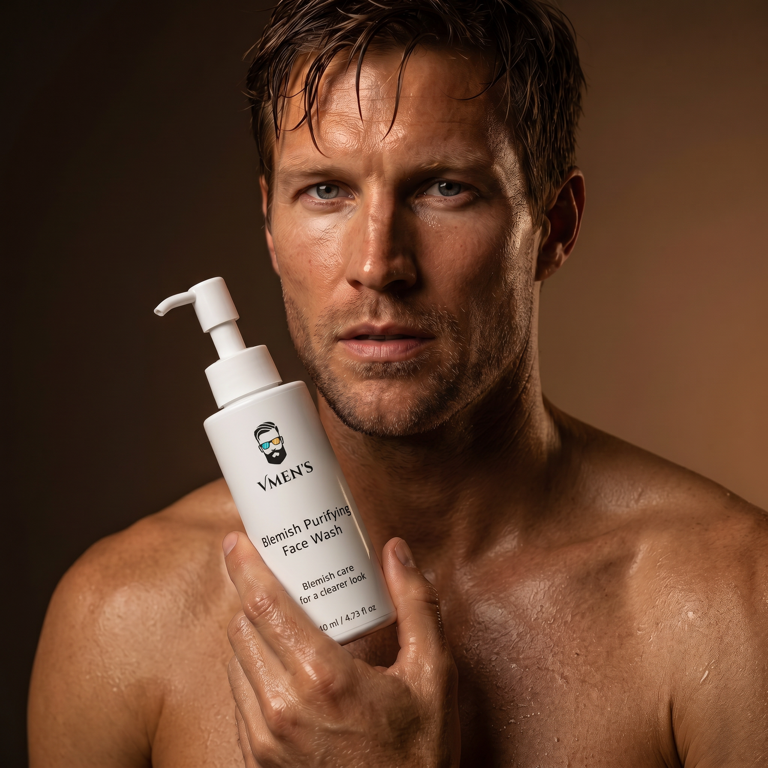 VMEN'S male skincare creator holding Blemish Purifying Face Wash