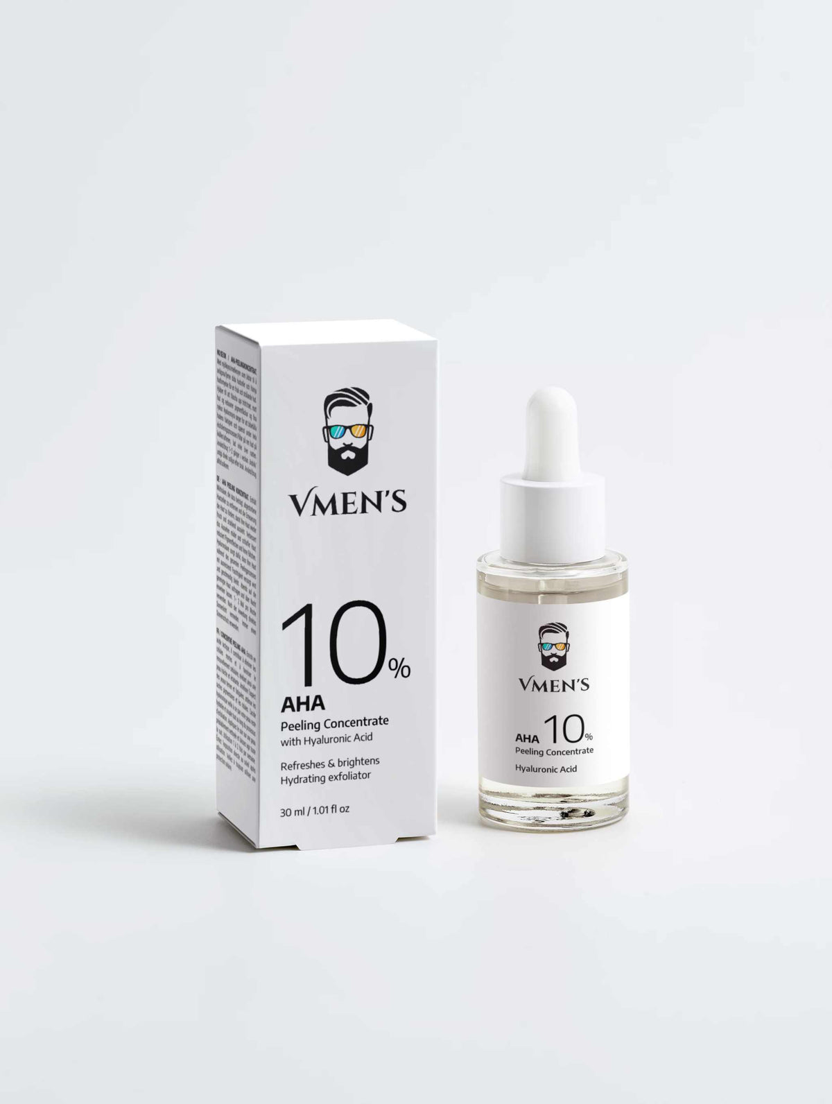 VMEN’S 10% Lactic Acid Peel for Men in a clear dropper bottle beside its white box.